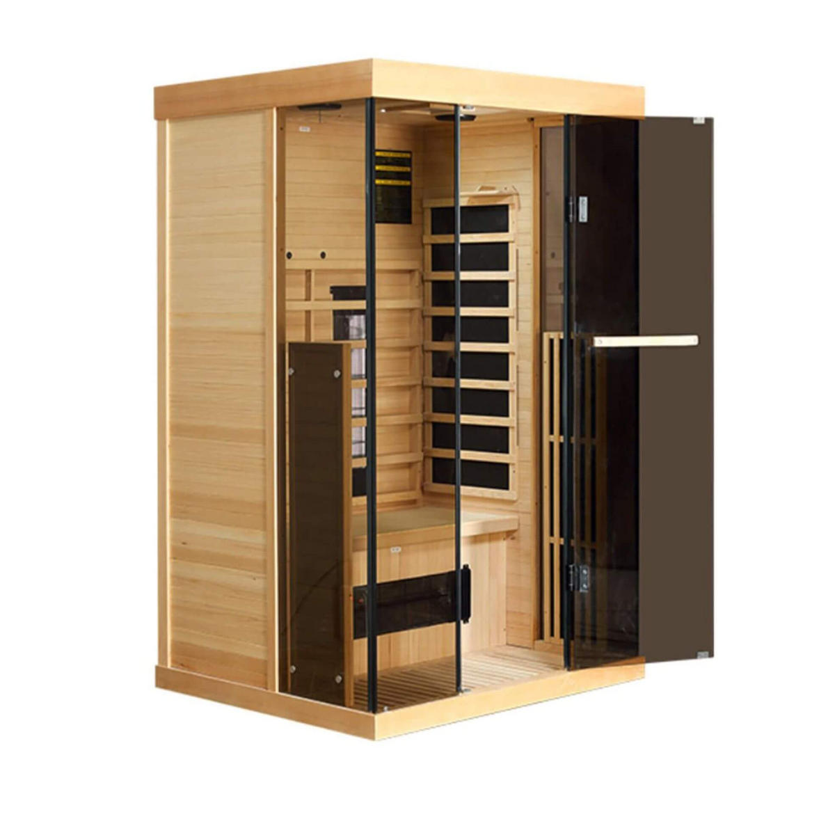 Valen Luxury 2000W 2-Person Low EMF FAR Infrared Heat Wood Home Personal Spa Sauna W/ Panoramic Tempered Glass (SAK27481)