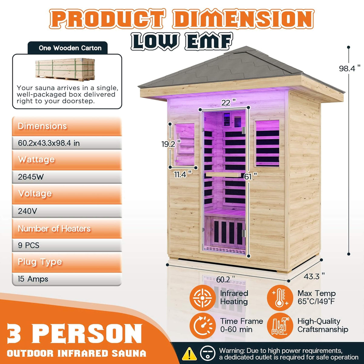 Zurich 3-Person Low EMF Spruce Wood Outdoor Infrared Sauna With Bluetooth Speakers And LED Lights (SAK59047)