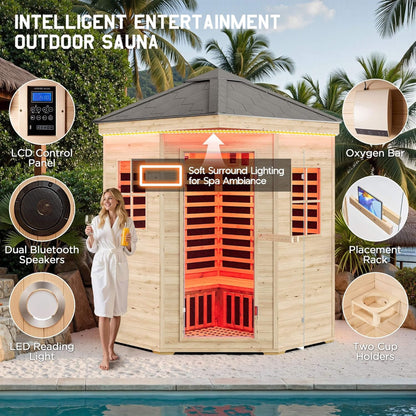 Monaco 4-Person Low EMF Spruce Wood Outdoor Infrared Sauna With Bluetooth Speakers And LED Lights (SAK16270)