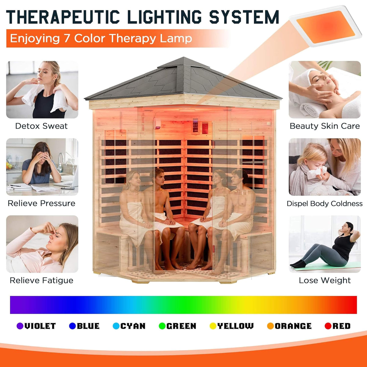 Monaco 4-Person Low EMF Spruce Wood Outdoor Infrared Sauna With Bluetooth Speakers And LED Lights (SAK16270)