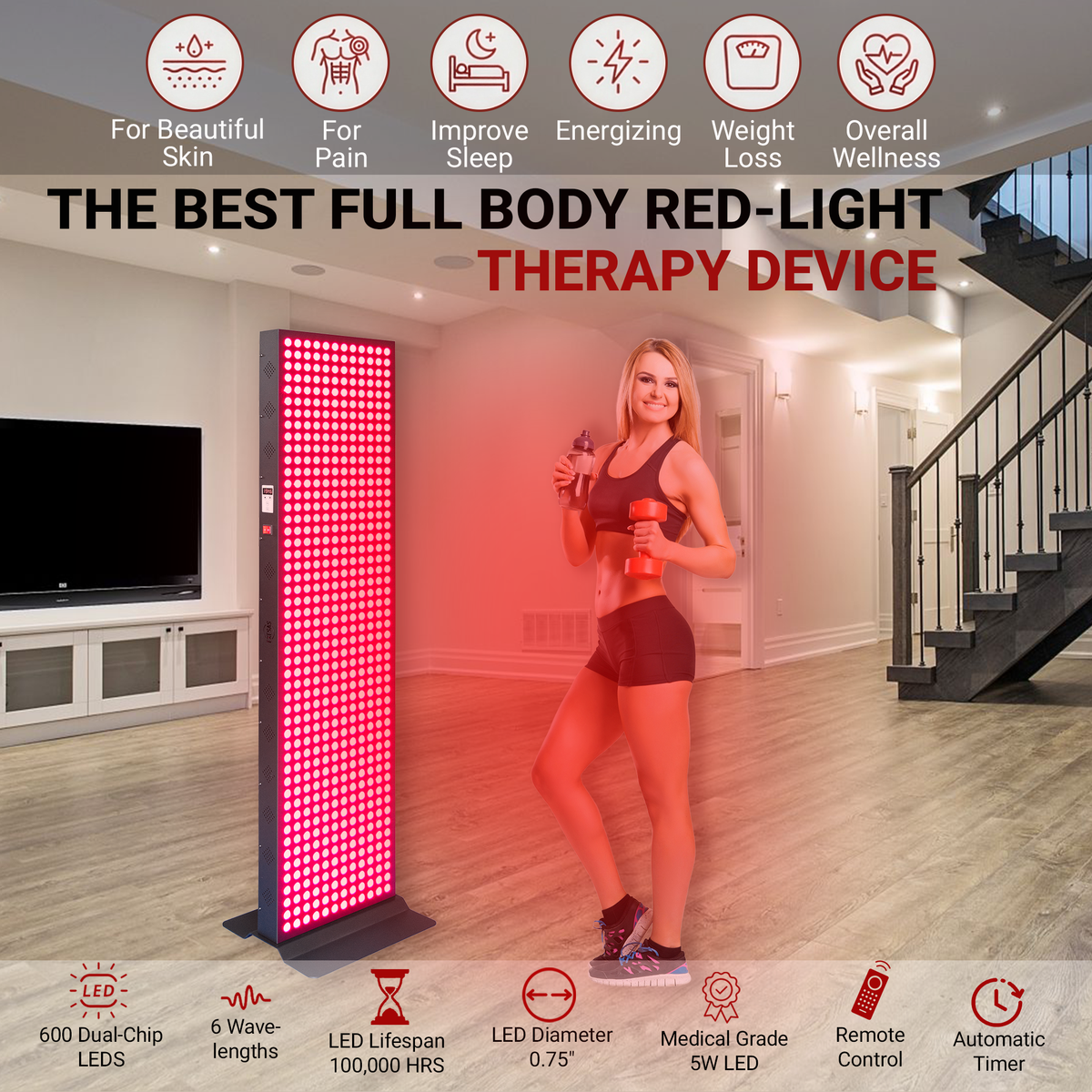 EXESAS  600 LED, 3000W Dual-Chip, Red Light Therapy Device for Full Body, 6-Wavelengths Infrared LED Panel for Skin, Weight, Pain, Wellness