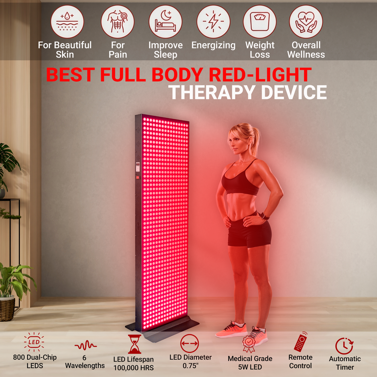EXESAS   800 LED, 4000W Dual-Chip, Red Light Therapy Device for Full Body, 6-Wavelengths Infrared LED Panel for Skin, Weight, Pain, Wellness