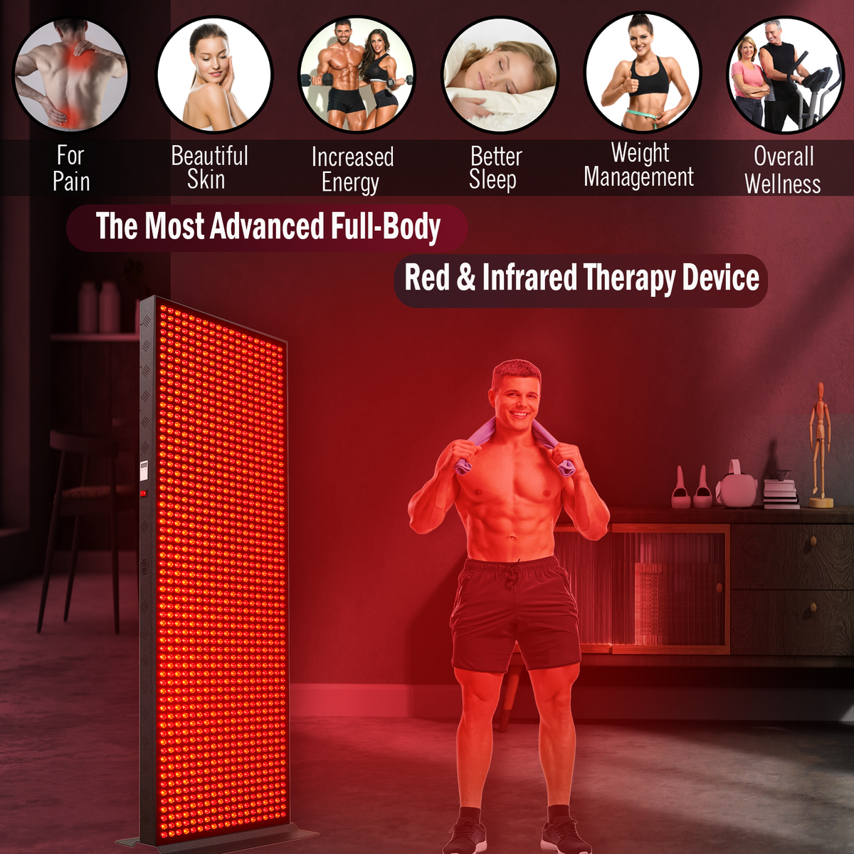 1216 LED, 6080W Dual-Chip, Red Light Therapy Device for Full Body, 4-Wavelengths Infrared LED Panel for Skin, Weight, Pain, Wellness