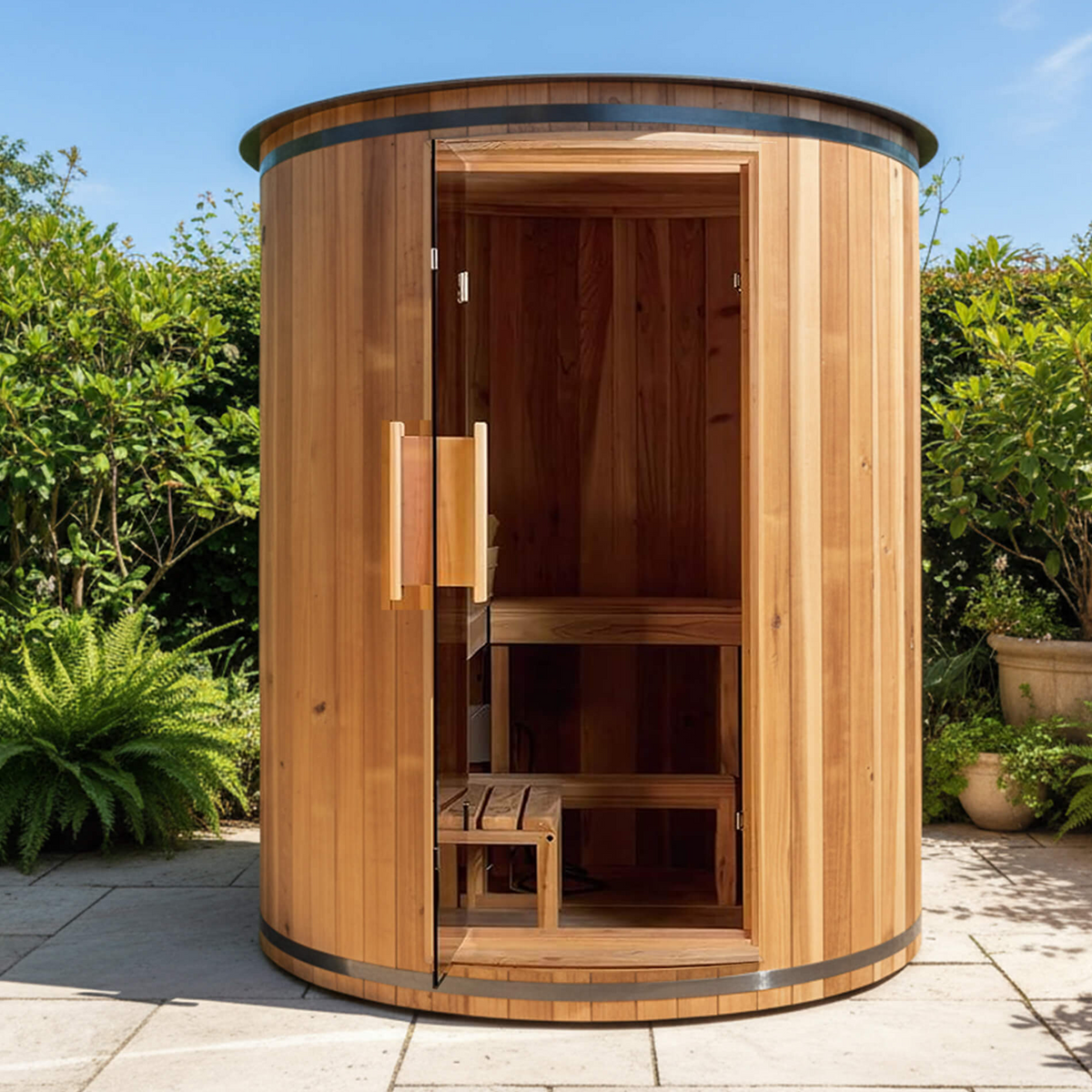 Barcelona Premium 78-Inch 4-Person Cedar Wood Outdoor Vertical Barrel Sauna With 6KW Heater, LED Lights And Stones (SAK74813)