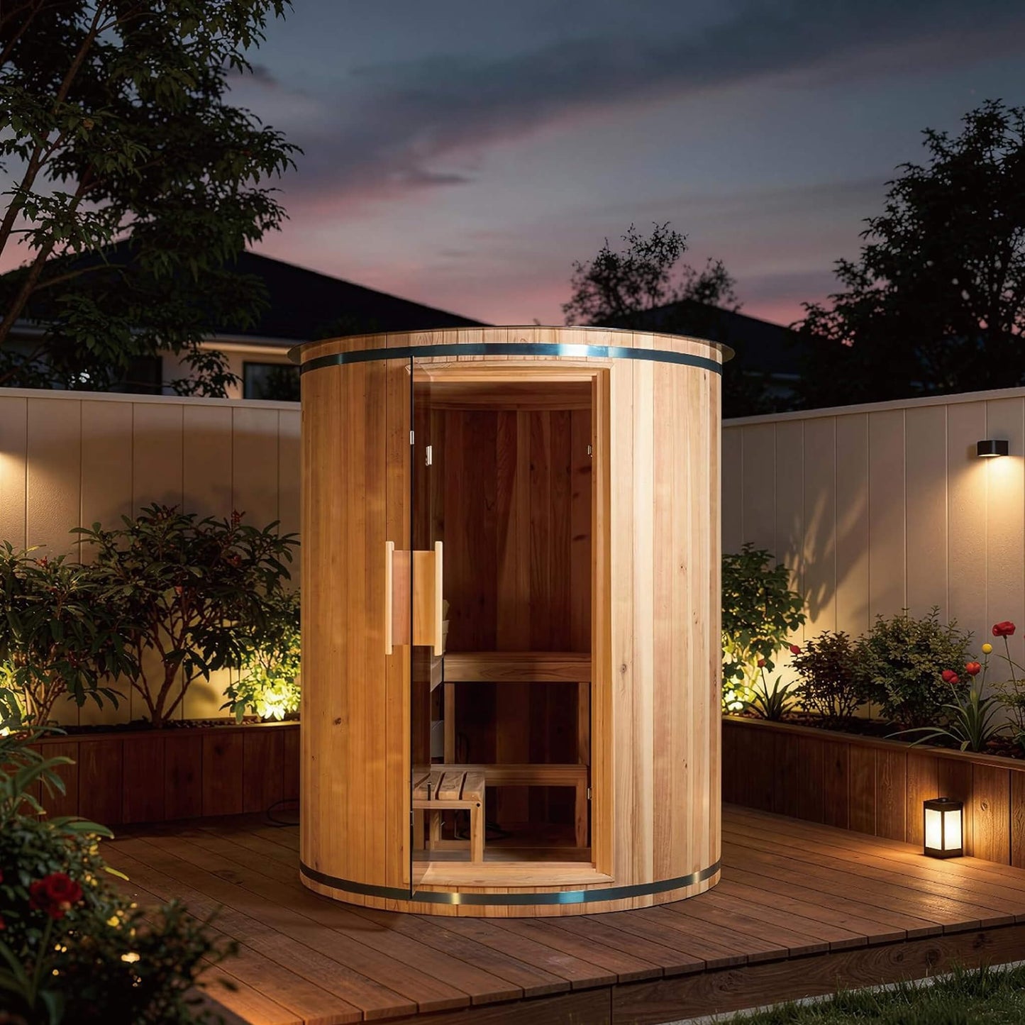 Barcelona Premium 78-Inch 4-Person Cedar Wood Outdoor Vertical Barrel Sauna With 6KW Heater, LED Lights And Stones (SAK74813)