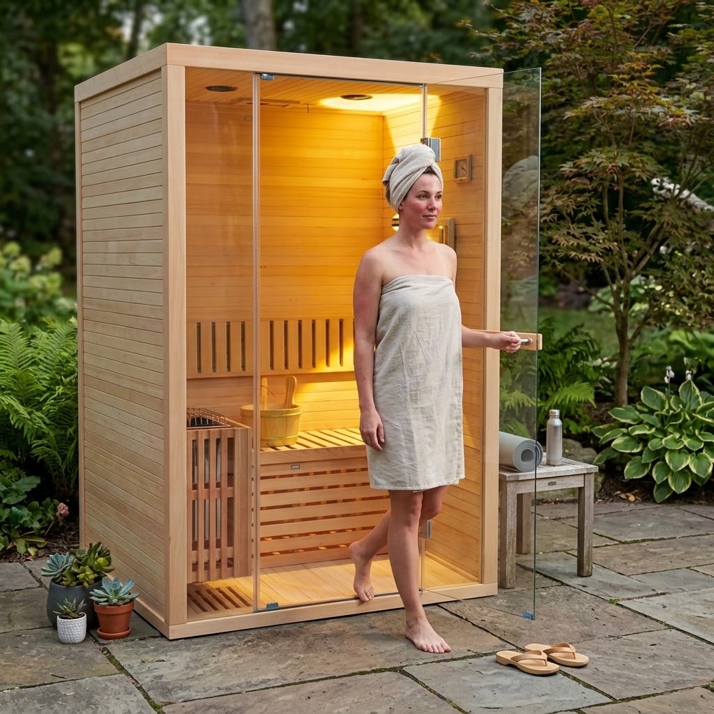 Alpine Premium 2-Person 3KW Hemlock Wood Sauna With LED Wall Light
