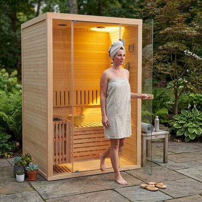 Alpine Premium 2-Person 3KW Hemlock Wood Sauna With LED Wall Light