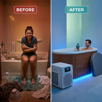 WOODBRIDGE 54" Indoor Cold Plunge Tub W/ 1.3 HP White Chiller – Rapid Cooling & Heating, Ozone Sanitation, Filter Circulation System, Wifi-Enabled & Remote Control via APP, Insulated Tub Cover — Before & After