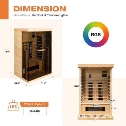 Valen Luxury 2000W 2-Person Low EMF FAR Infrared Heat Wood Home Personal Spa Sauna W/ Panoramic Tempered Glass (SAK27481)