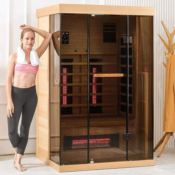 Valen Luxury 2000W 2-Person Low EMFFAR Infrared Heat Wood Home Personal Spa Sauna W/ Panoramic Tempered Glass