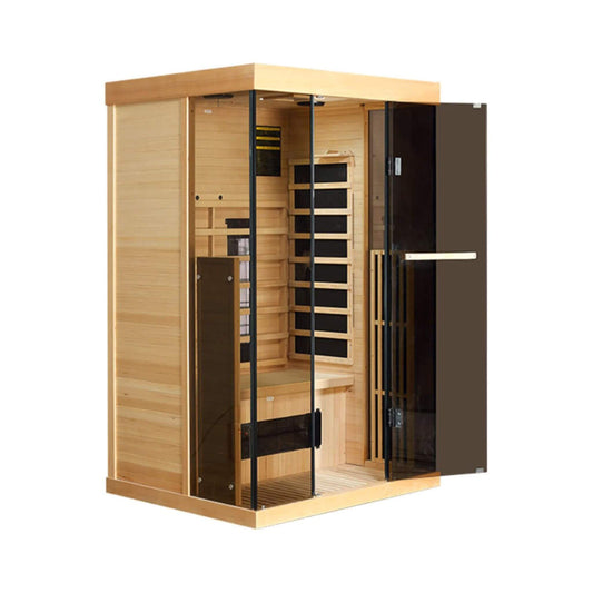 Valen Luxury 2000W 2-Person Low EMFFAR Infrared Heat Wood Home Personal Spa Sauna W/ Panoramic Tempered Glass