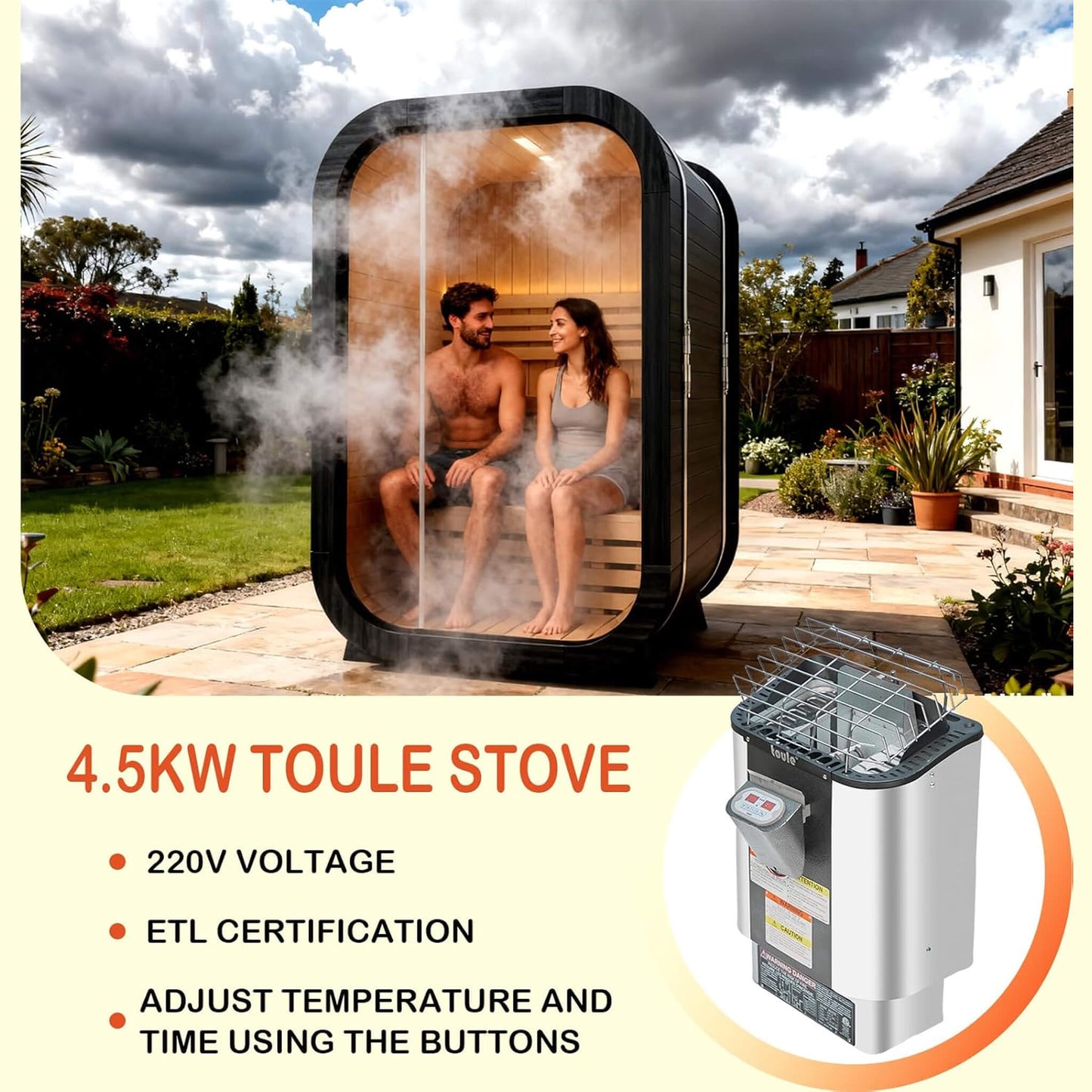 Lund Luxury 2-Person Outdoor Spruce Wood Cube Sauna Kit With 4.5KW Electric Stove (SAK74290)