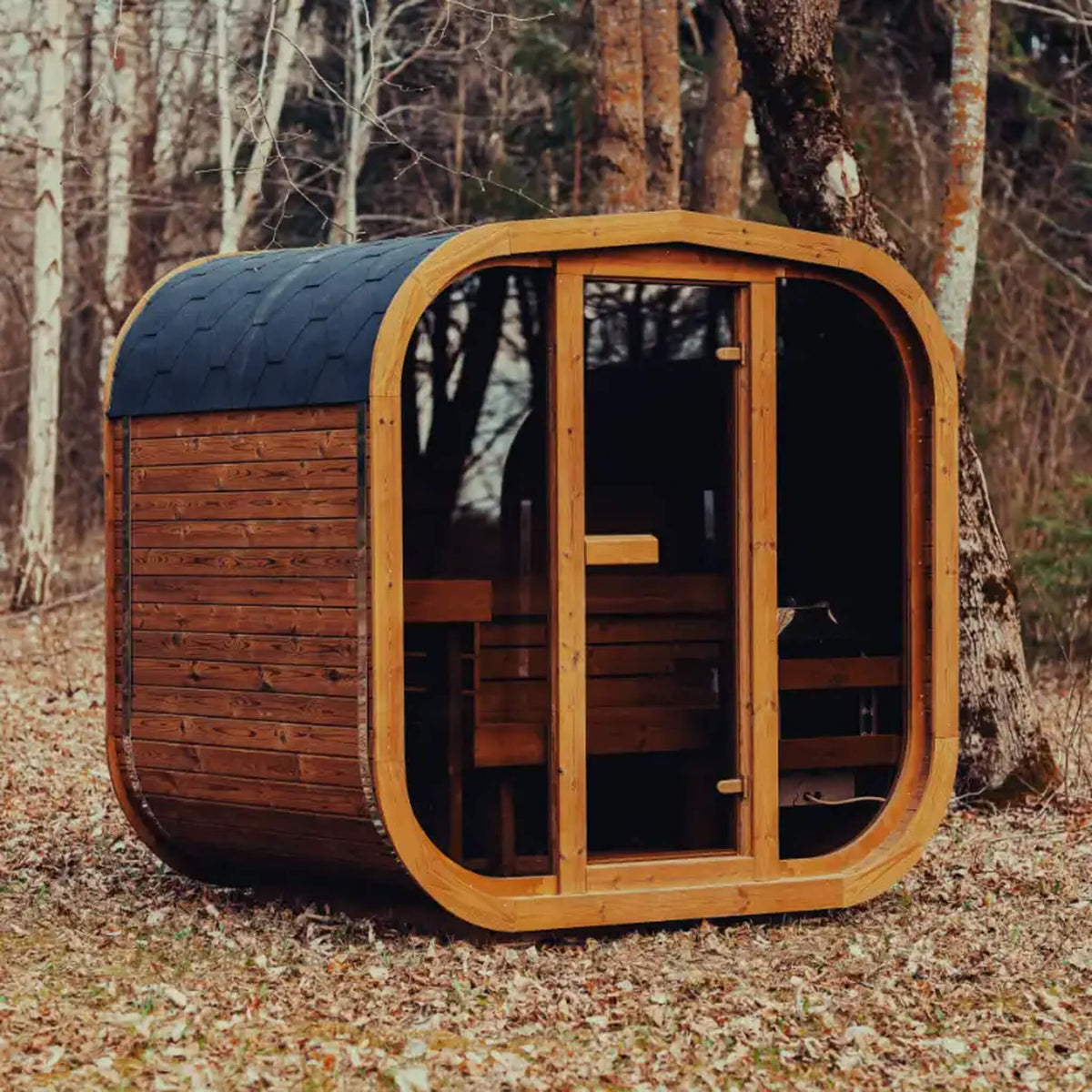 Premium 4-Person Outdoor Scandinavian Thermo-Wood Cube Sauna Kit With LED Lighting (SAK25470)