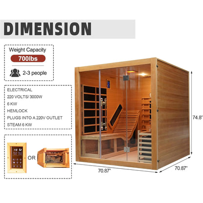 Rövia Oasis 3-Person Indoor Hybrid Sauna Room with Dual-Heating System