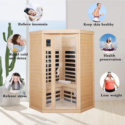 Laurent Premium 2-Person 1600W Corner Space Infrared Wooden Sauna Room With Bluetooth Speakers (SAK81524)