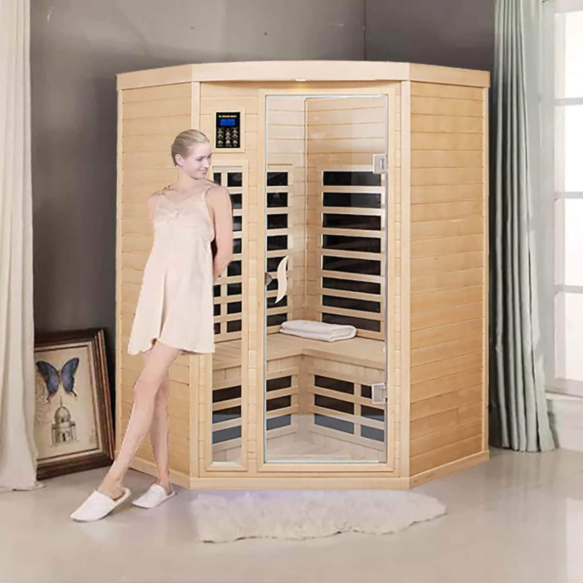 Laurent Premium 2-Person 1600W Corner Space Infrared Wooden Sauna Room With Bluetooth Speakers (SAK81524)