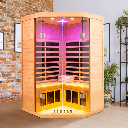 Laurent Premium 2-Person 1600W Corner Space Infrared Wooden Sauna Room With Bluetooth Speakers (SAK81524)