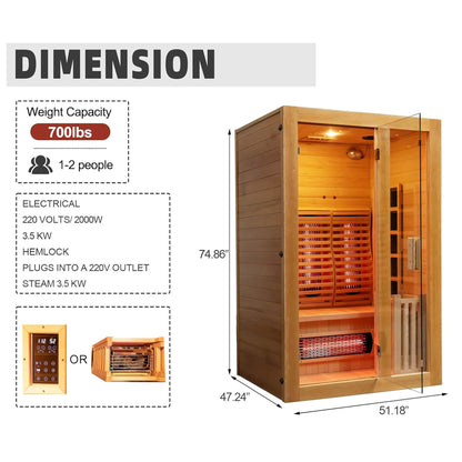 Luma 2-Person Indoor Hybrid Sauna Room With Infrared And 3.5KW Steam Heater [Made-To-Order] (SAK83750)
